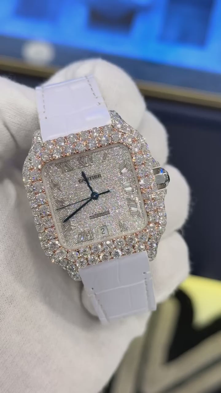 CUSTOM CARTIER DIAMOND DIAL WATCH (watch + FREE $1500 VVS DEF Lab-Grown Solitaire Earring Set)